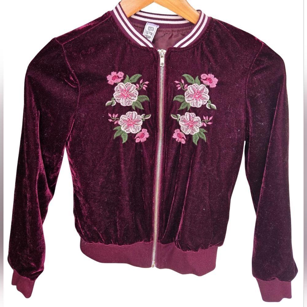 Girls' Embroidered Romantic Floral Coquette Velvet Girly Glam Bomber Jacket